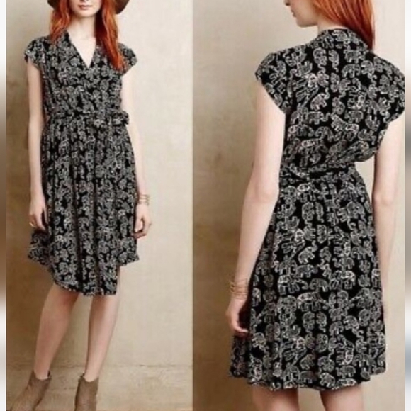 EUC Anthropologie Maeve Noronha Black Elephant Print Flowy Faux Wrap Dress XL - Picture 4 of 15